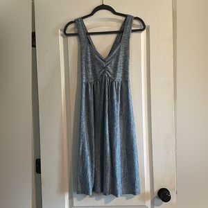 Dress-blue and white longitude strips. Scrunch front.